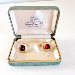 VINTAGE ANSON CUFFLINKS IN AMCO JEWELS BOX GOLD TONE RED STONE